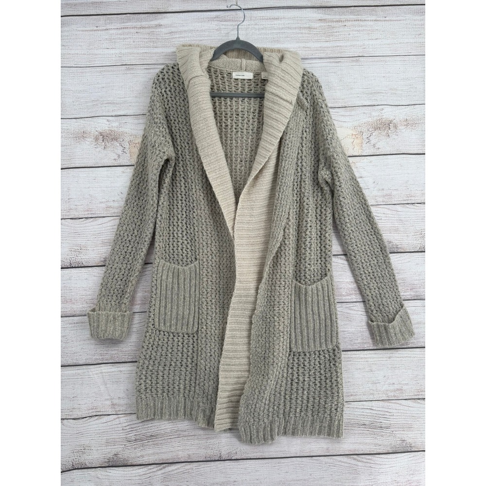 Sleeping on Snow Cardigan Women XS Grey Hooded Open Knit Longline Wool Blend